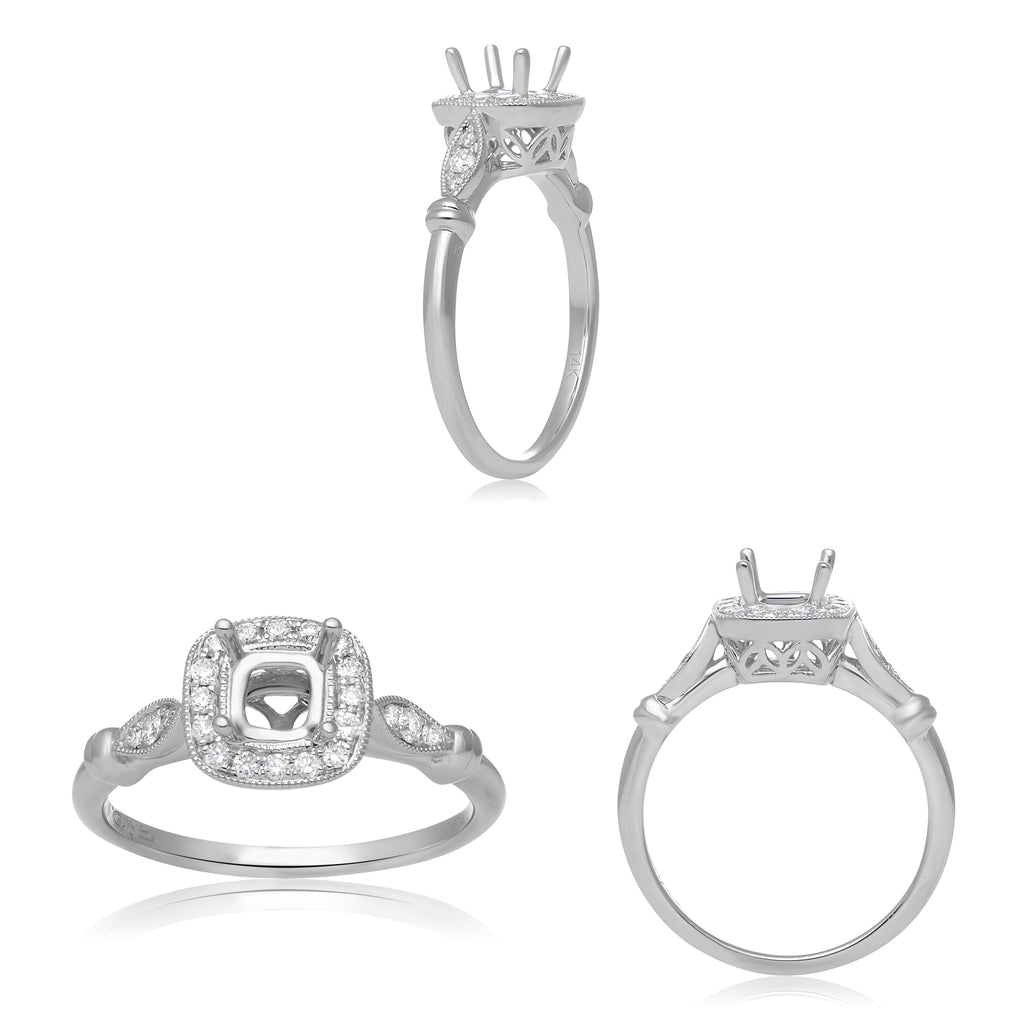 Semi-Mount Halo Milgrain Diamond Engagement Ring in 14K White Gold (0.19ctw) - MJ Christensen Diamonds