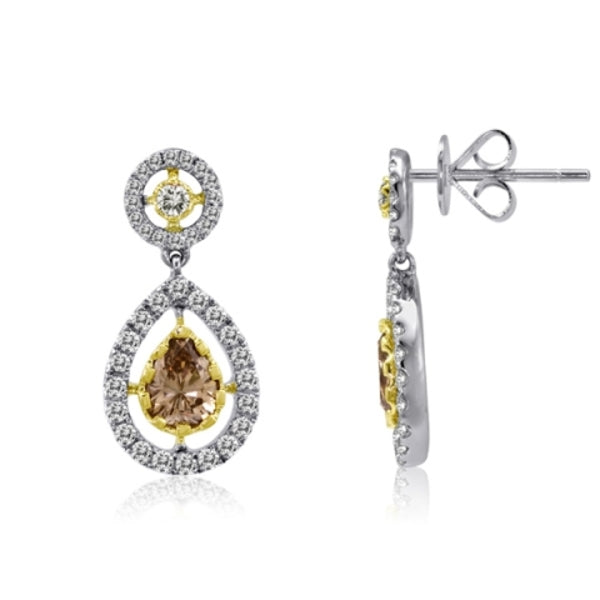 Michael M Pear Drop Diamond and Princess Cut Champagne Diamond Earrings in 18K White Gold (1.08ctw) - MJ Christensen Diamonds
