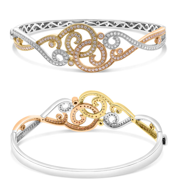 Gabriel & Co Round Diamond Swirl Bangle Bracelet in 14K White, Yellow and Rose Gold (1.31tcw) - MJ Christensen Diamonds