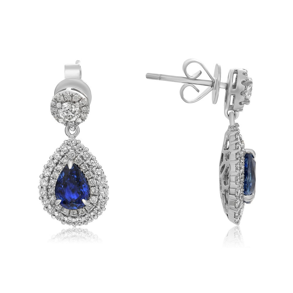 Gabriel & Co Princess Sapphire and Diamond Double Halo Earrings in 18K White Gold (2.60tcw) - MJ Christensen Diamonds