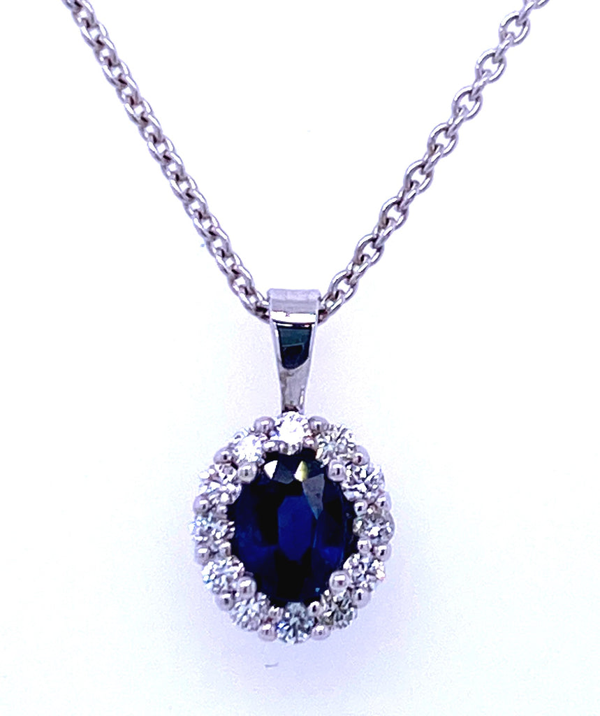 Sapphire and Diamond Halo Pendant Necklace in 14K White Gold (0.42ctw Sapphire, 0.11ctw Diamond) - MJ Christensen Diamonds