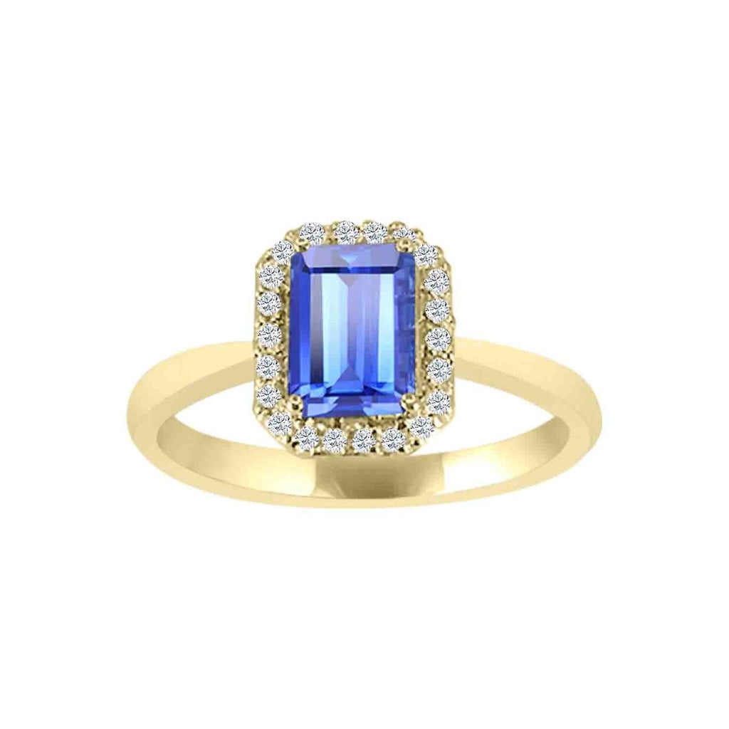 14K Yellow Gold Octagon Tanzanite and Diamond Halo Ring (1.08ct) - MJ Christensen Diamonds