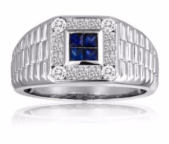 Gents Blue Sapphire and Diamond Ring in 18K White Gold (1ctw) - MJ Christensen Diamonds
