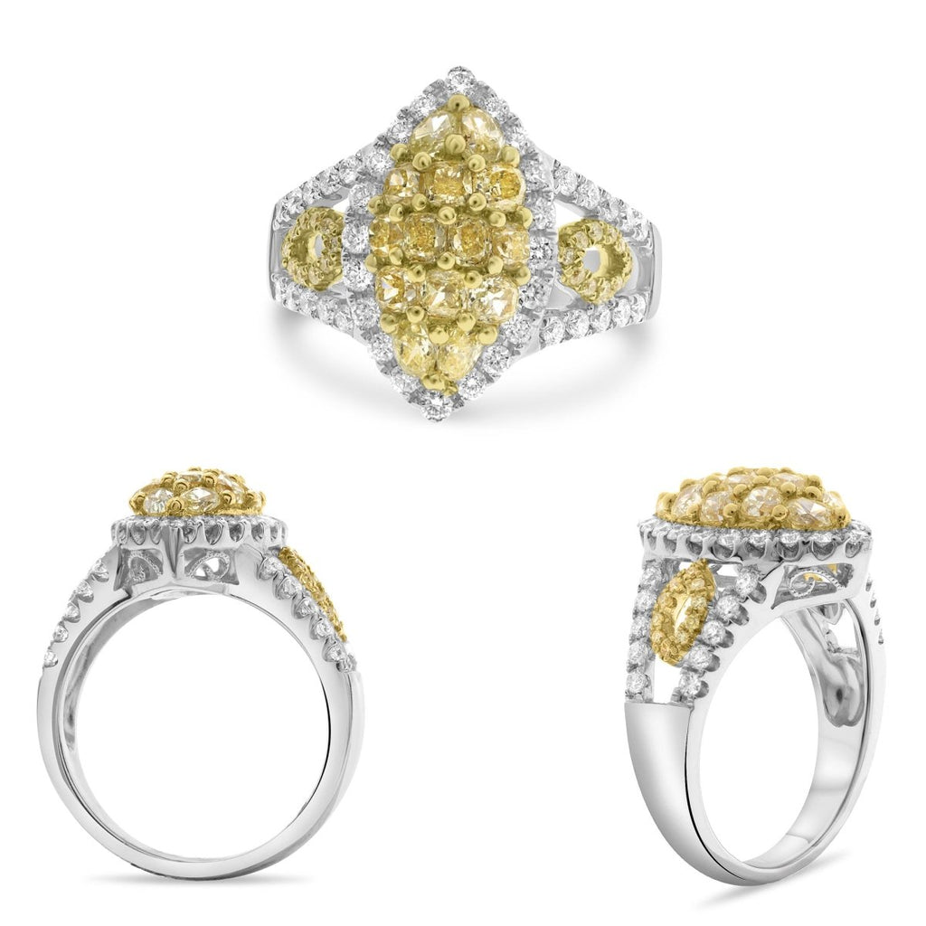 18K White Gold 1.32ctw Yellow Diamond and 0.64ctw Diamond Marquise Halo Ring - MJ Christensen Diamonds