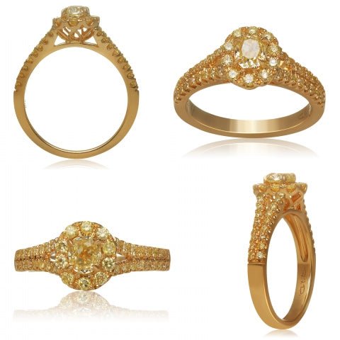 18K Yellow Gold .46ct Round Diamond Center 1.01ctw Diamond Halo Ring - MJ Christensen Diamonds
