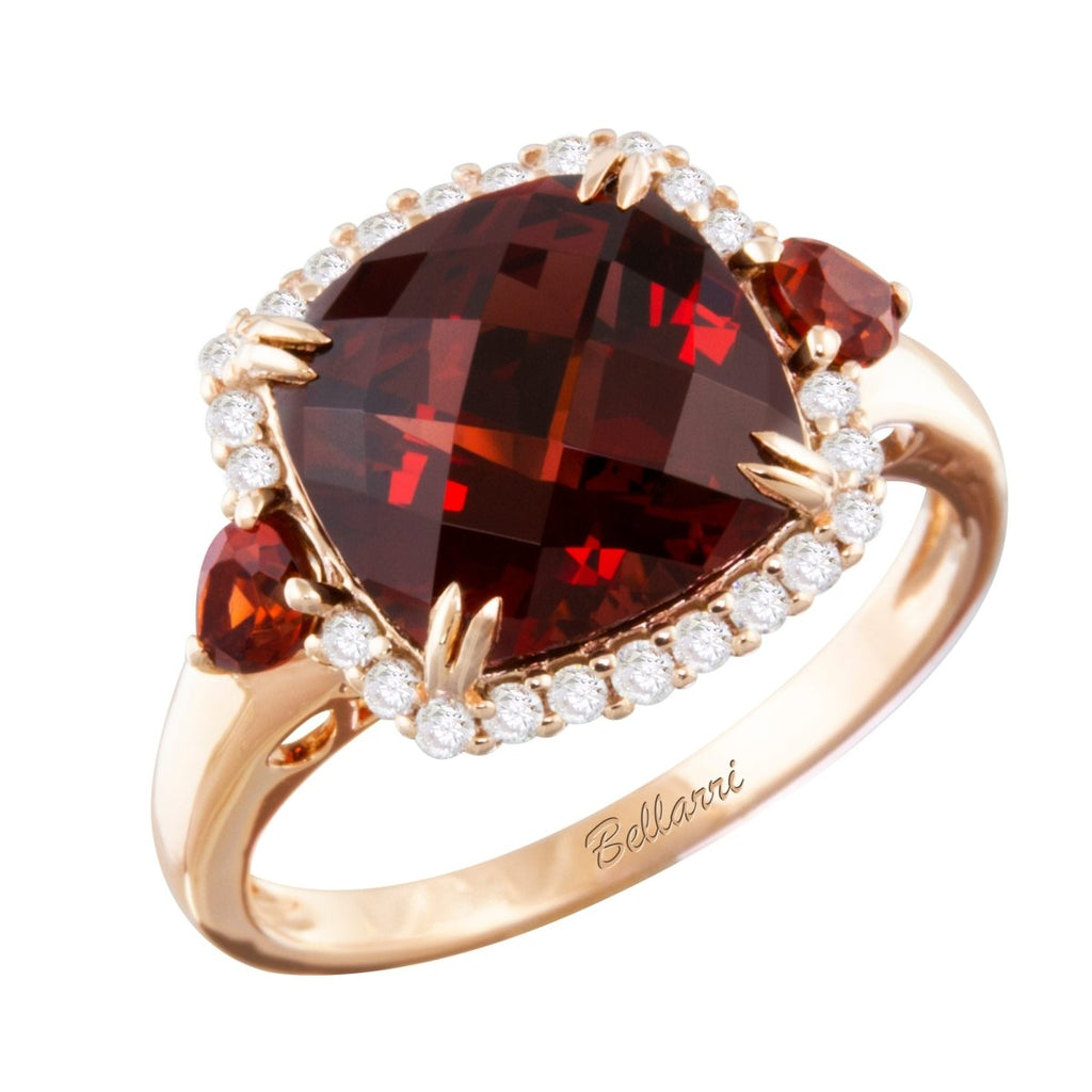 Bellarri Custom Garnet and Diamond Halo Ring in 14K Rose Gold (6.21ctw) - MJ Christensen Diamonds