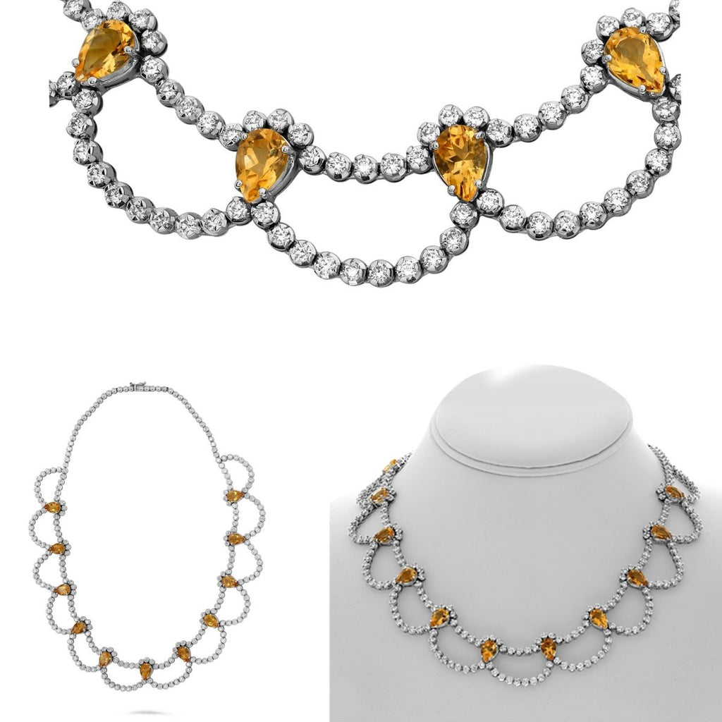 Brandless Pear Citrine and Diamond Scallop Necklace in 18K White Gold (22.83ctw) - MJ Christensen Diamonds