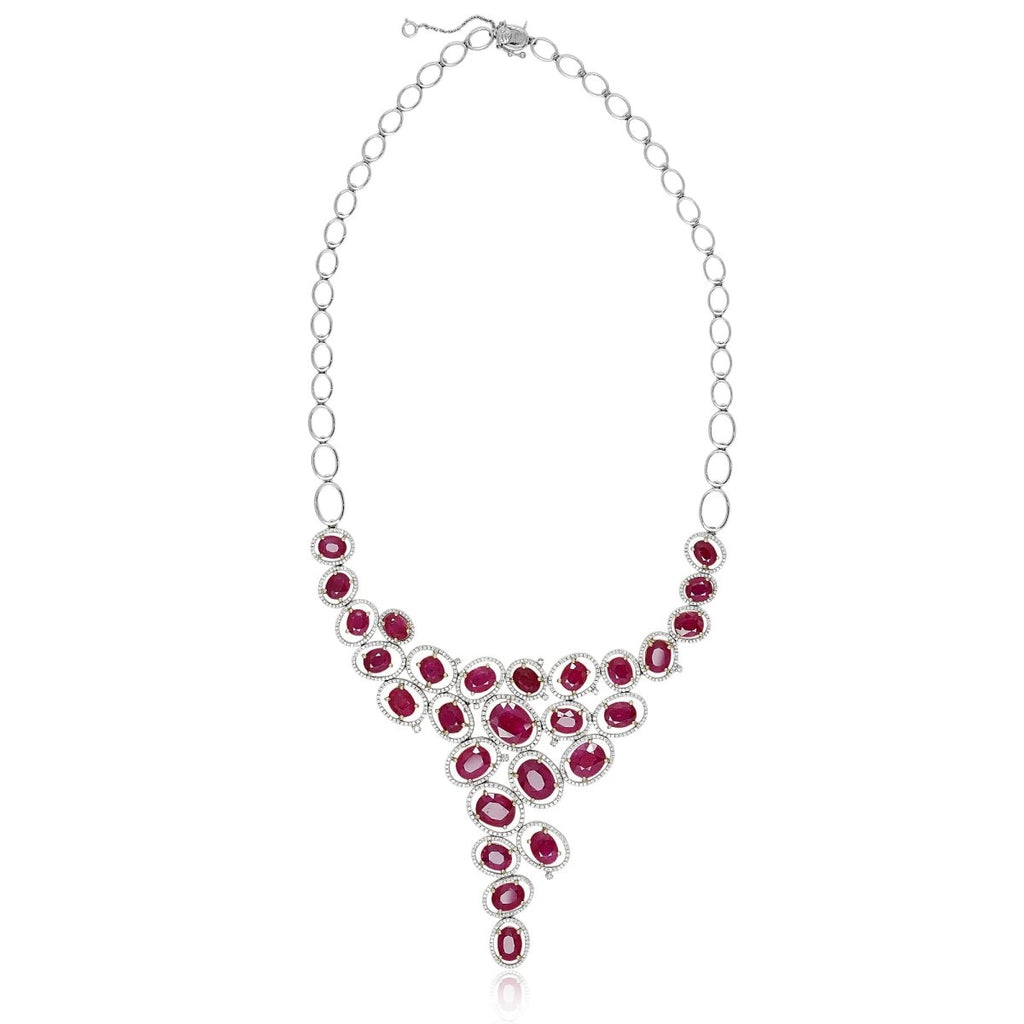EGL Certified Oval Natural Ruby and Diamond Necklace in 14K White Gold (45.57ctw) - MJ Christensen Diamonds