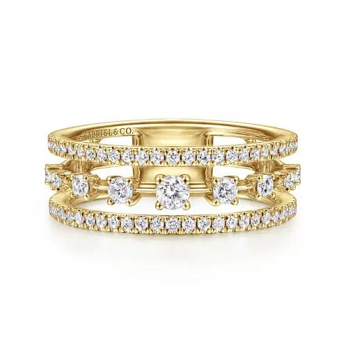 Gabriel & Co 3Row Station Diamond Fashion Ring in 14K Yellow Gold (.47ctw) - MJ Christensen Diamonds
