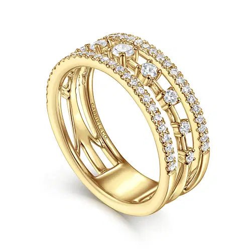 Gabriel & Co 3Row Station Diamond Fashion Ring in 14K Yellow Gold (.47ctw) - MJ Christensen Diamonds