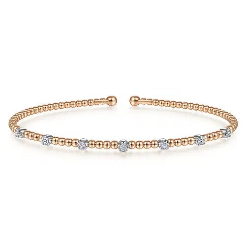 Gabriel & Co 7 Stone Station Bead Bujukan Bangle Bracelet in 14K Yellow and White Gold (0.20ctw) - MJ Christensen Diamonds