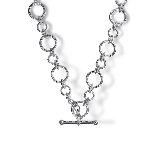 Gabriel & Co Alternating Beaded Round Link Chain Necklace with Toggle 18" in Sterling Silver - MJ Christensen Diamonds