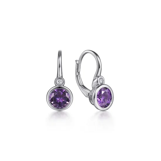Gabriel & Co Amethyst and Diamond Leverback Bezel Accent Earrings in Sterling Silver (1.54ctw) - MJ Christensen Diamonds