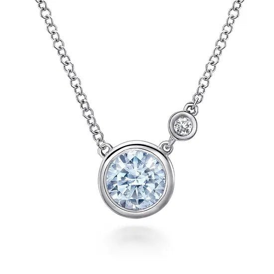 Gabriel & Co Aqua and Diamond Accent Bezel Pendant Necklace in Sterling Silver (0.7ctw) - MJ Christensen Diamonds