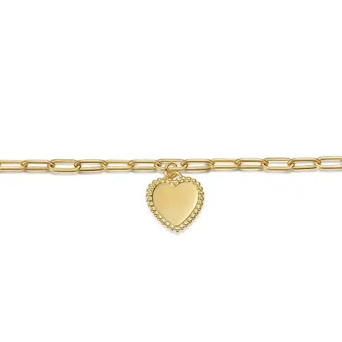 Gabriel & Co Beaded Heart Charm Paperclip Bracelet in 14K Yellow Gold - MJ Christensen Diamonds