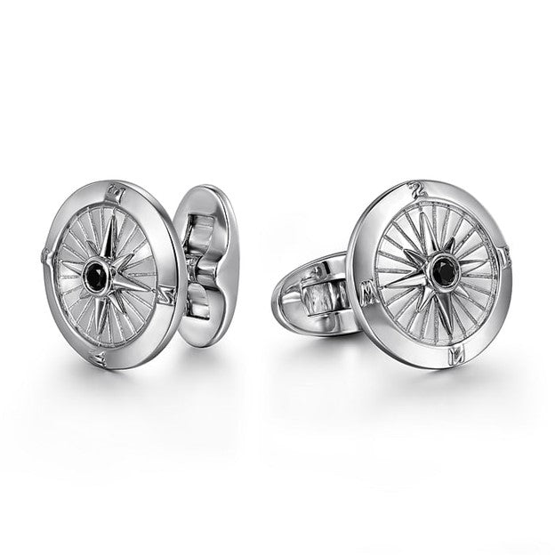 Gabriel & Co Black Spinel Bezel Compass Cufflinks in Sterling Silver - MJ Christensen Diamonds