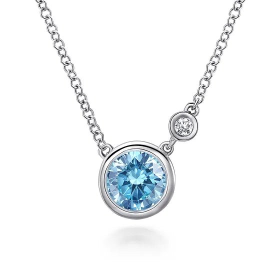 Gabriel & Co Blue Topaz and Diamond Bezel Necklace in Sterling Silver (1.0ctw) - MJ Christensen Diamonds