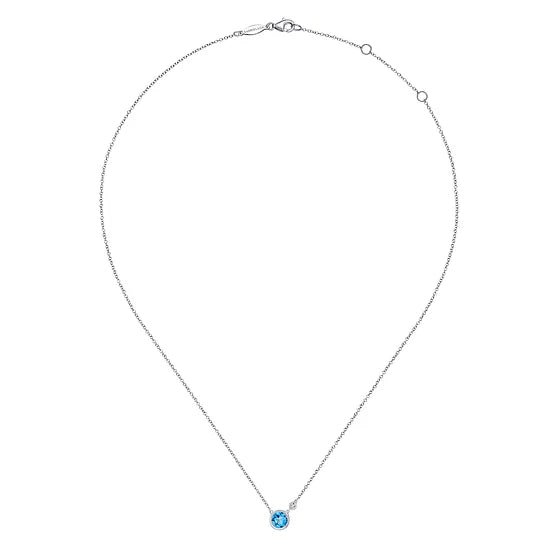 Gabriel & Co Blue Topaz and Diamond Bezel Necklace in Sterling Silver (1.0ctw) - MJ Christensen Diamonds
