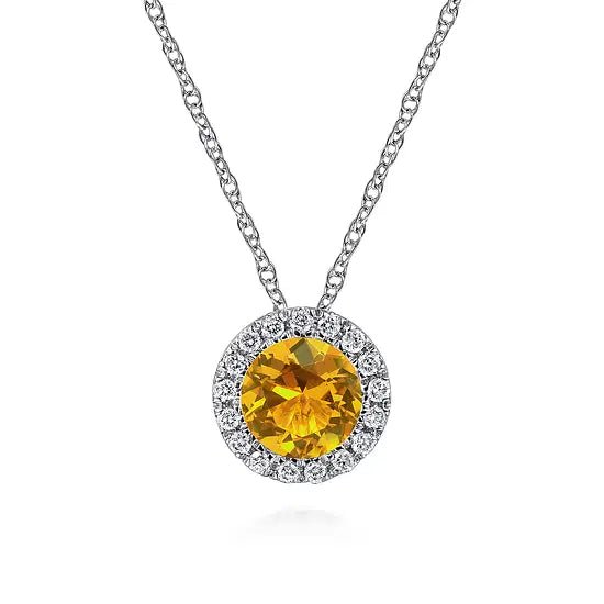 Gabriel & Co Citrine and Diamond Halo Pendant in 14K White Gold (0.59ct) - MJ Christensen Diamonds