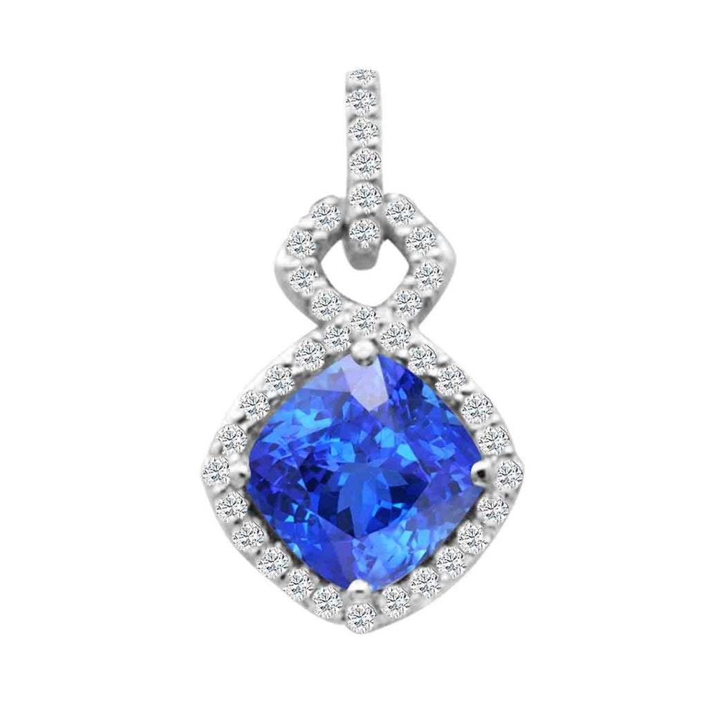 Gabriel & Co Cushion Tanzanite and Diamond Halo Pendant Necklace in 14K White Gold (2.21ct) - MJ Christensen Diamonds