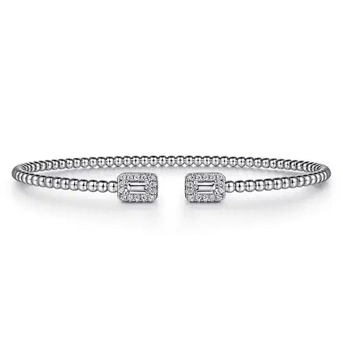 Gabriel & Co Emerald and Round Diamond Halo Bead Open Bujukan Bangle in 14K White Gold (0.32ctw) - MJ Christensen Diamonds