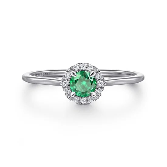 Gabriel & Co Emerald and Round Diamond Halo Ring in 14K White Gold (0.29ct) - MJ Christensen Diamonds