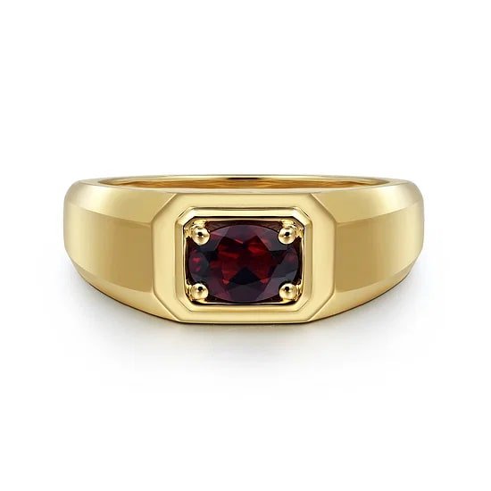 Gabriel & Co Garnet Bevel Edge Satin Men's Ring in 14K Yellow Gold (1.07ct) - MJ Christensen Diamonds