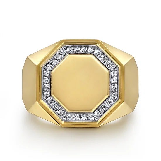 Gabriel & Co Hexagon Diamond Halo Satin Men's Ring in 14K Yellow Gold (0.20ctw) - MJ Christensen Diamonds