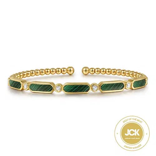 Gabriel & Co Malachite and Diamond Bezel Bead Bujukan Bangle Bracelet (3.26ctw, 0.21ctw) in 14K Yellow Gold - MJ Christensen Diamonds