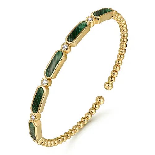 Gabriel & Co Malachite and Diamond Bezel Bead Bujukan Bangle Bracelet (3.26ctw, 0.21ctw) in 14K Yellow Gold - MJ Christensen Diamonds