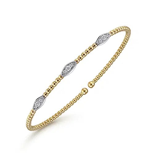 Gabriel & Co Marquise Diamond Station Bezel Bujukan Bangle Bracelet in 14K Yellow and White Gold (0.16ctw) - MJ Christensen Diamonds