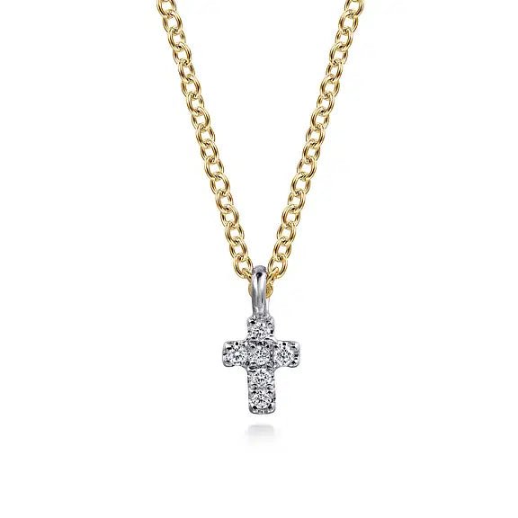 Gabriel & Co Micro Cross Diamond Pendant Necklace in 14K Yellow and White Gold (0.03ct) - MJ Christensen Diamonds