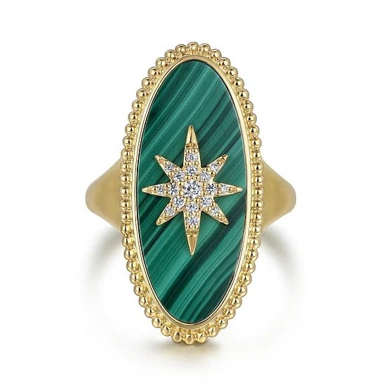 Gabriel & Co Oval Malachite and Diamond Inlay Starburst Ring in 14K Yellow Gold (4.49ct) - MJ Christensen Diamonds