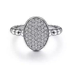 Gabriel & Co Oval White Sapphire Pave Signet Bead Ring in Sterling Silver (0.6ctw) - MJ Christensen Diamonds