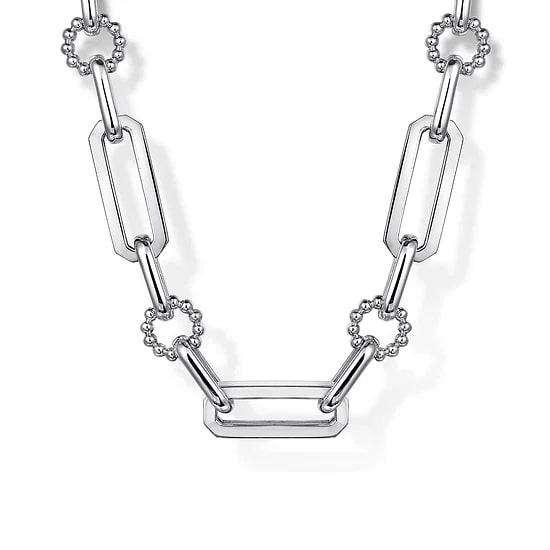 Gabriel & Co Paperclip Multi Size Beaded Chain Necklace 17' in Sterling Silver - MJ Christensen Diamonds