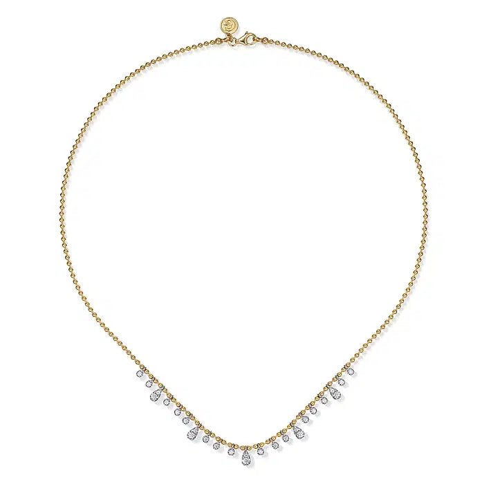 Gabriel & Co Pear and Round Diamond Drop Station Bead Chain Necklace 16 in 14K Yellow and White Gold (0.50ctw) - MJ Christensen Diamonds