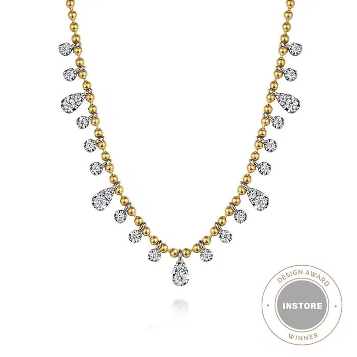 Gabriel & Co Pear and Round Diamond Drop Station Bead Chain Necklace 16 in 14K Yellow and White Gold (0.50ctw) - MJ Christensen Diamonds