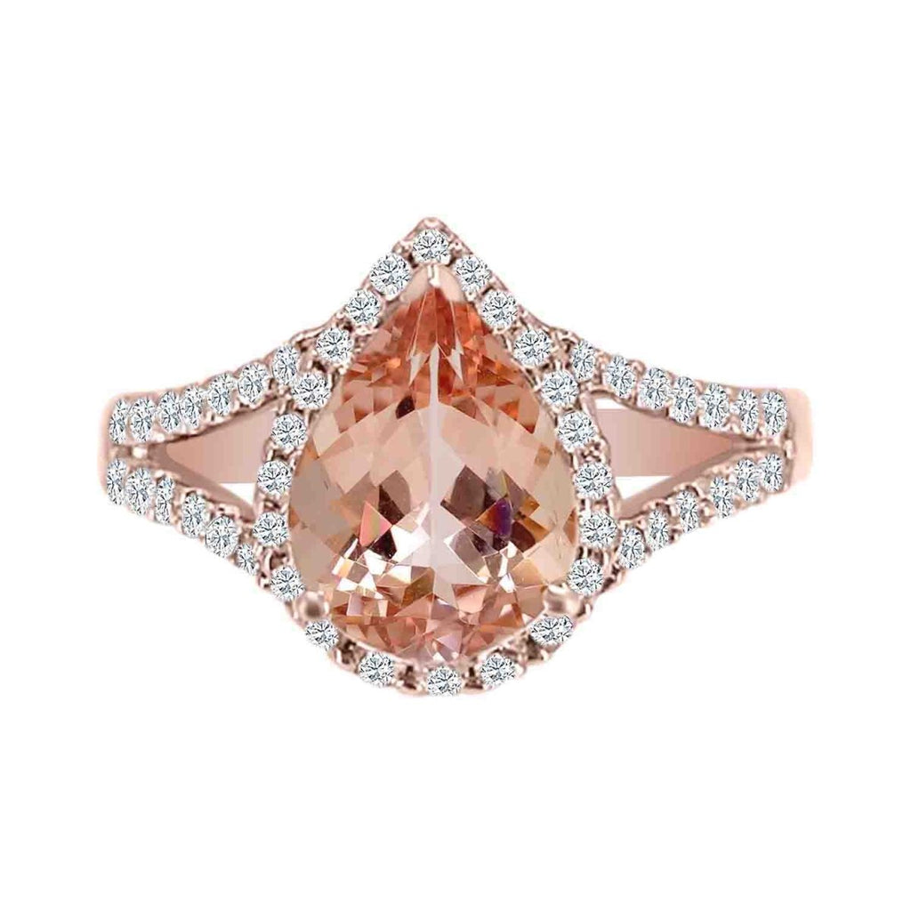 Gabriel & Co Pear Morganite and Diamond Halo Ring in 14K Rose Gold (1.57ctw) - MJ Christensen Diamonds