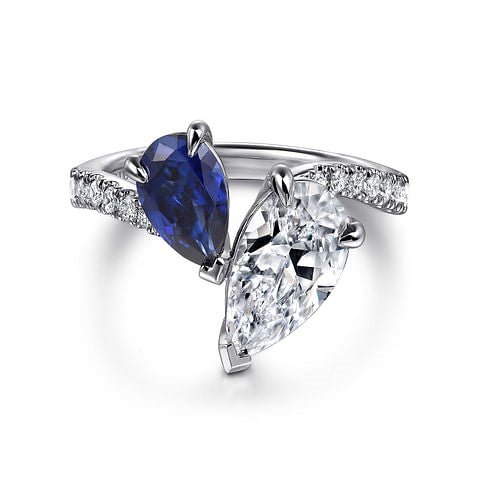Gabriel & Co. Pear Sapphire and Diamond Double Pear Semi - Mount Engagement Ring in 14K White Gold (1.12ct) - MJ Christensen Diamonds