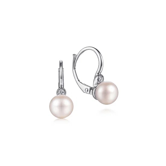 Gabriel & Co Pearl and Diamond Bezel Accent Leverback Earrings in Sterling Silver (0.66ctw) - MJ Christensen Diamonds