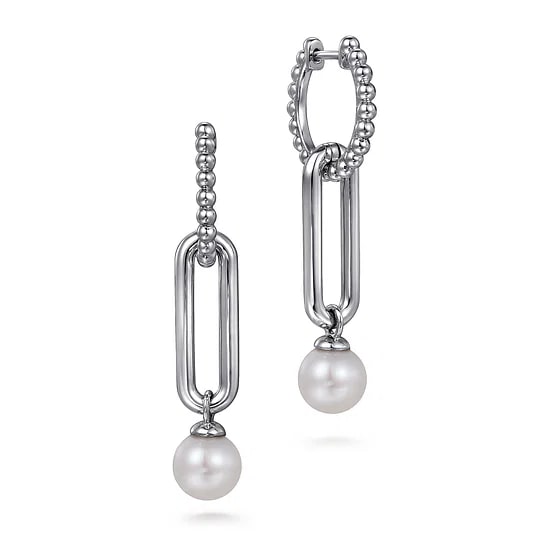 Gabriel & Co Pearl Beaded Huggie Drop Earring in Sterling Silver (1.14ctw) - MJ Christensen Diamonds