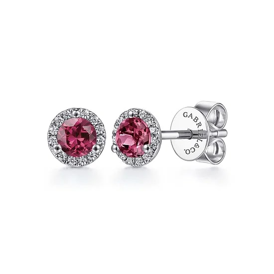 Gabriel & Co Pink Tourmaline and Diamond Round 3 - Prong Halo Stud Earrings in 14K White Gold (0.6ctw) - MJ Christensen Diamonds