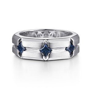 Gabriel & Co Princess and Blue Sapphire Triple Station Horizontal Ring in Sterling Silver (0.71ctw) - MJ Christensen Diamonds