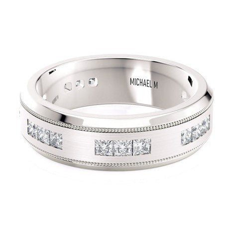 Gabriel & Co Princess and Round Diamond Three Stone Cluster Men's Band in 14K White Gold (1.33ctw) - MJ Christensen Diamonds