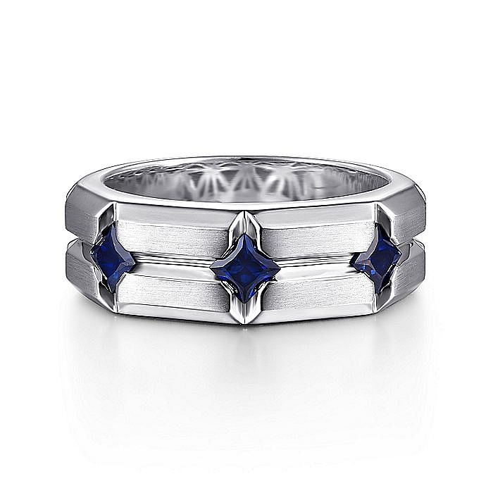 Gabriel & Co Princess Sapphire Three Stone Inlay Band in Sterling Silver (0.88ctw) - MJ Christensen Diamonds