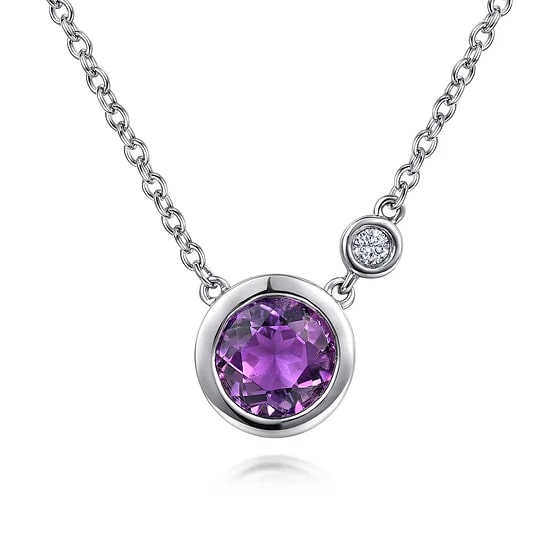 Gabriel & Co Round Amethyst and Diamond Accent Bezel Pendant Necklace in Sterling Silver (0.8ct) - MJ Christensen Diamonds