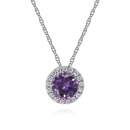 Gabriel & Co Round Amethyst and Diamond Halo Pendant Necklace in 14K White Gold (0.48ctw) - MJ Christensen Diamonds