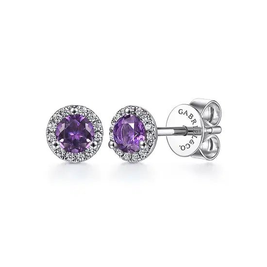 Gabriel & Co Round Amethyst and Diamond Halo Stud Earrings in 14K White Gold (0.58ctw) - MJ Christensen Diamonds