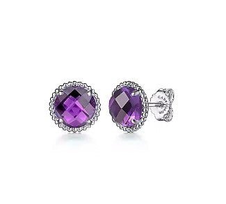 Gabriel & Co Round Amethyst Bead Halo Stud Earrings in Sterling Silver (3.93ctw) - MJ Christensen Diamonds