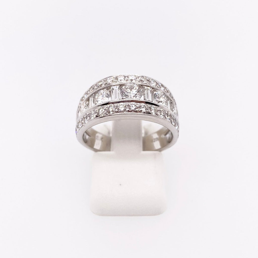Gabriel & Co Round and Baguette Diamond Three - Row Curved Fashion Ring in 18K White Gold (2.16ctw) - MJ Christensen Diamonds